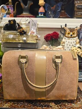 Classic Tan Dome Satchel with Center Stripe and Gold Hardware